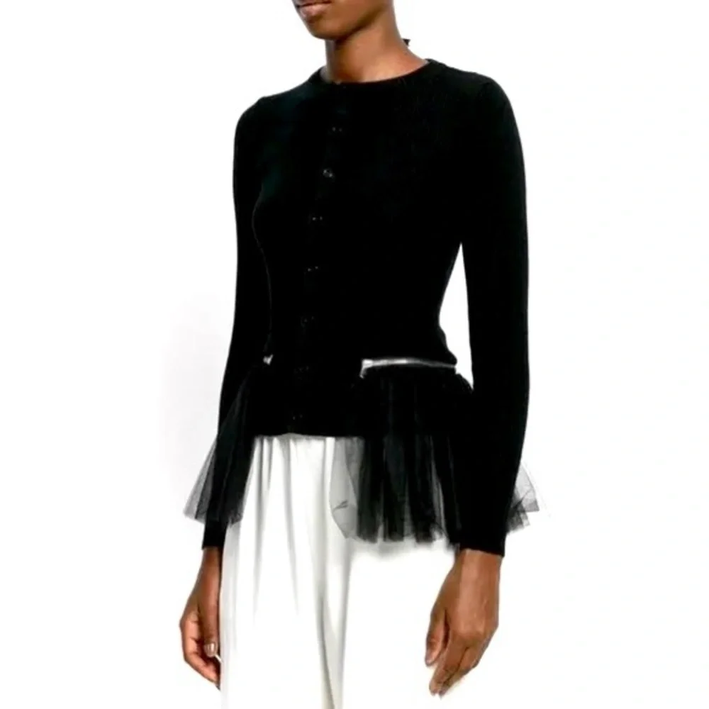 Moschino Couture Black Cardigan Sweater Jacket with Detachable Mesh Ruffled Hem